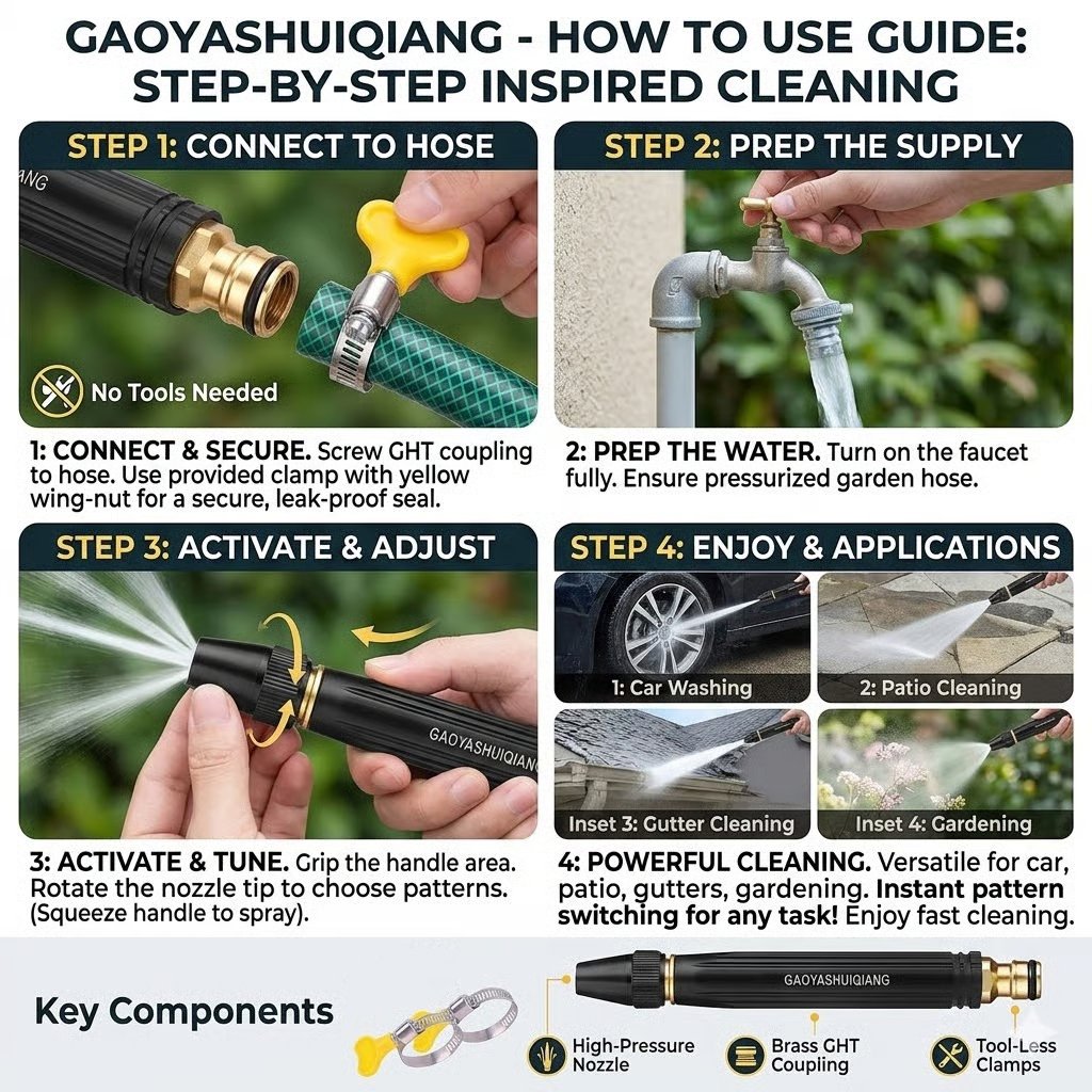 Step by step guide for connecting adjusting and using the garden hose spray gun