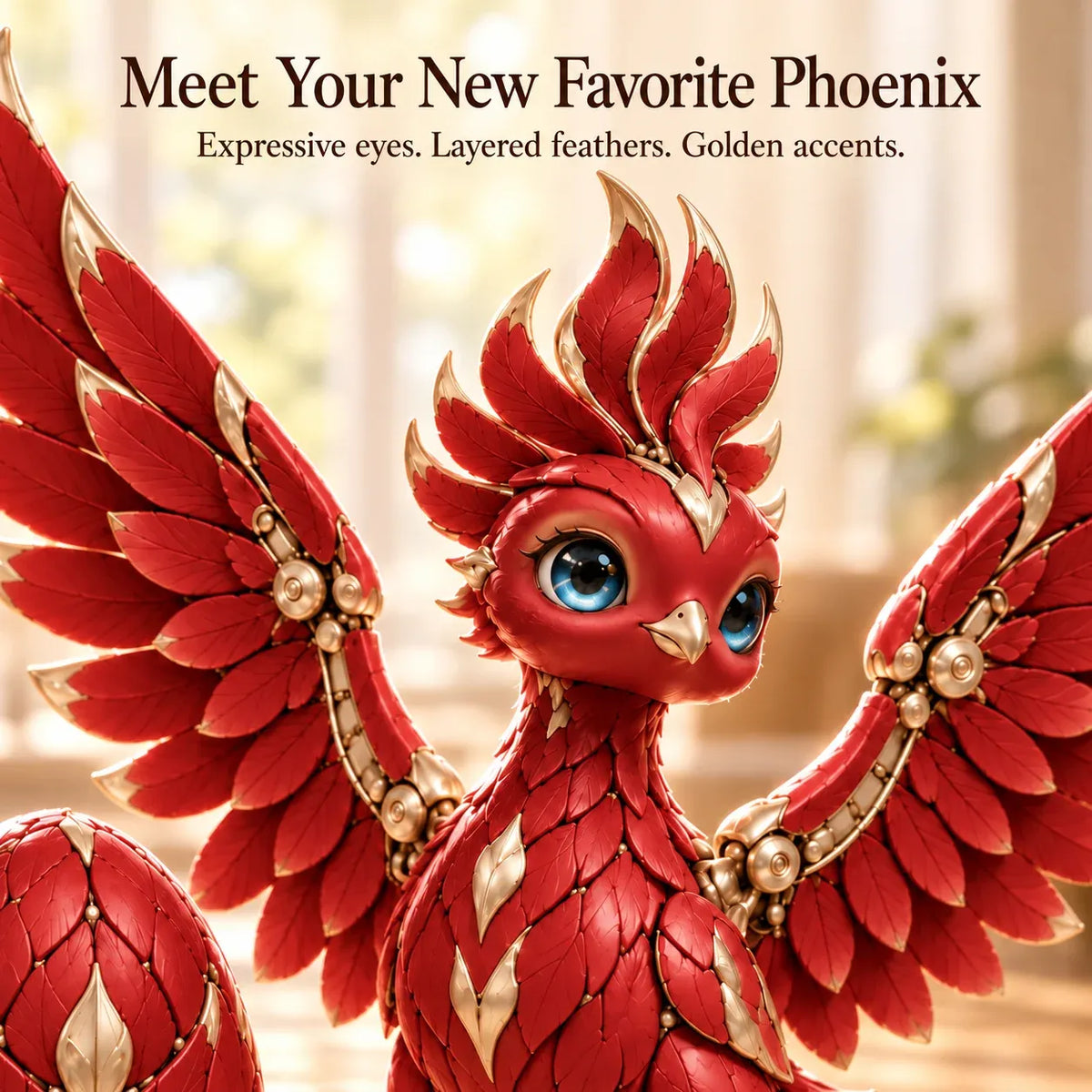 🔥 Red & Gold Phoenix Figurine – Fantasy Bird Statue with Bright Blue Eyes