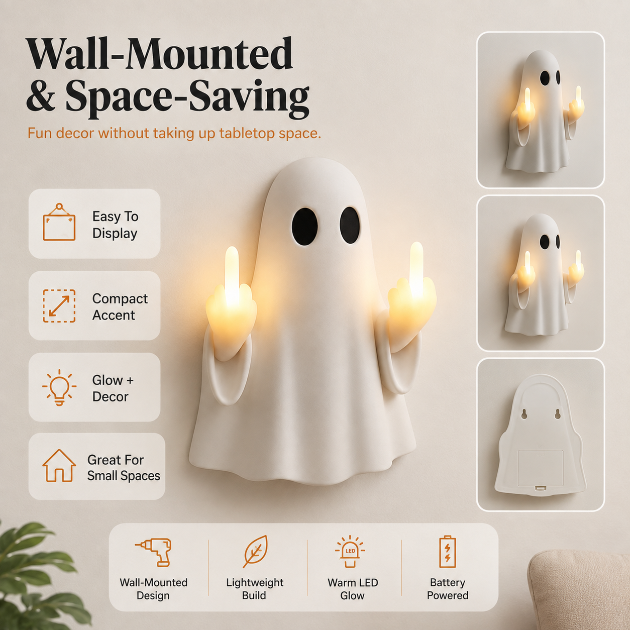 👻Middle Finger Ghost Light, Halloween Bedroom Funny LED Glow Wall Decor Lamp