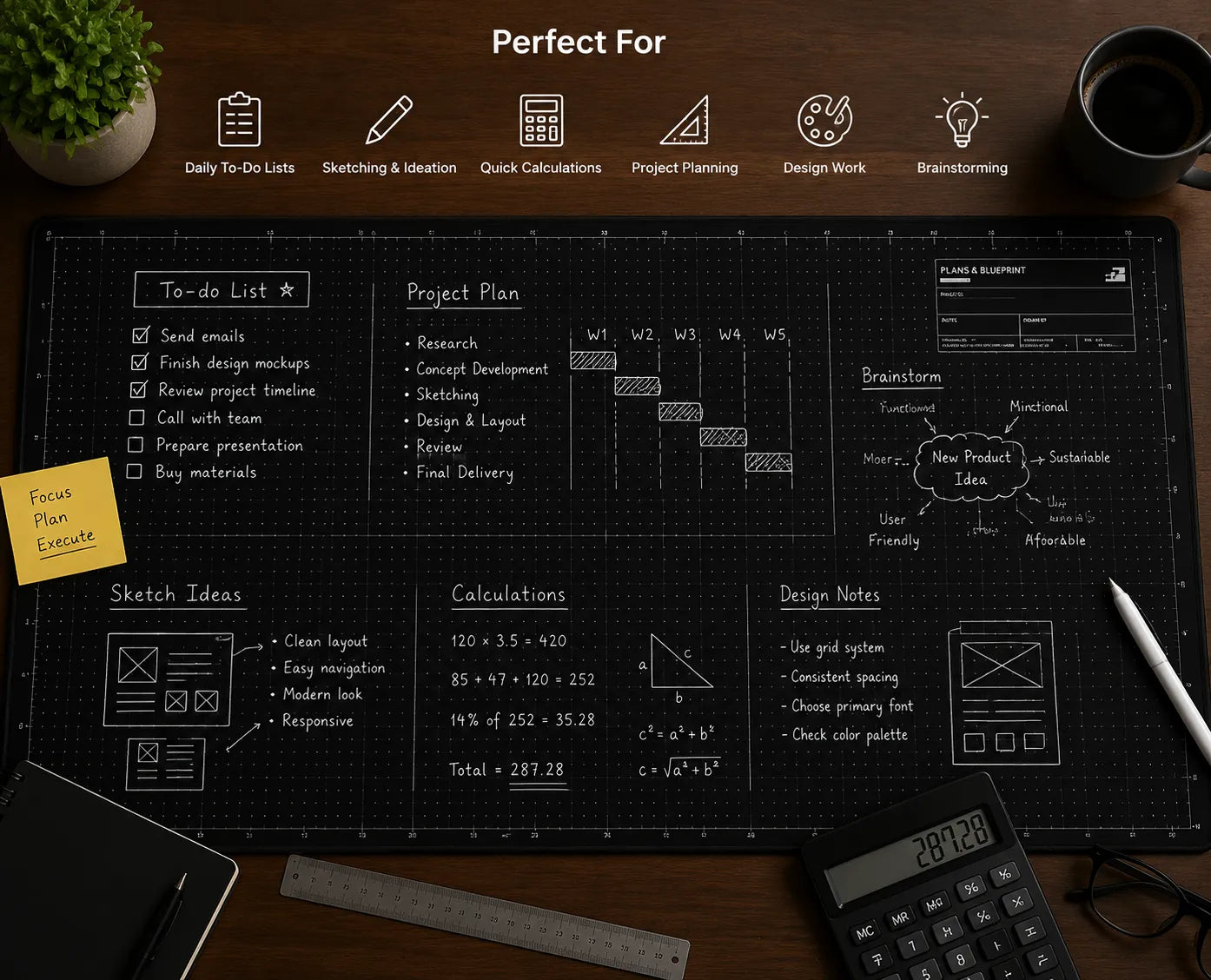 🖊️✨The Blueprint Deskmat Includes the Blueprint Marker💻A Double-Sided Deskmat to Draw, Erase & Redraw As Needed