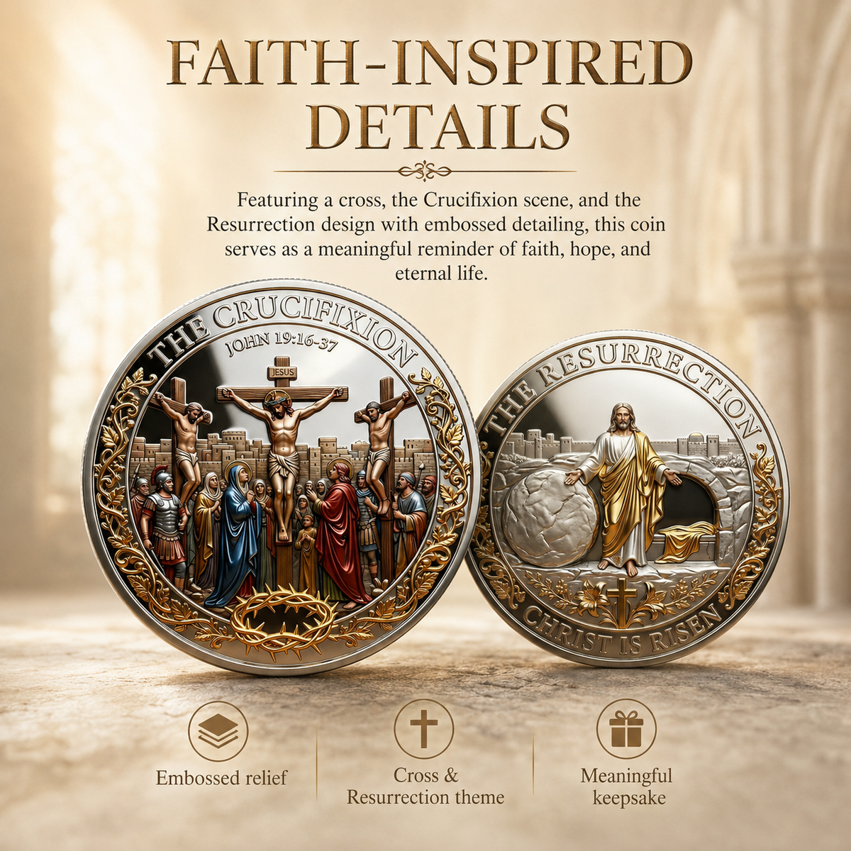 Cross & Resurrection Memorial Coin – Alloy Relief Keepsake for Faith and Remembrance