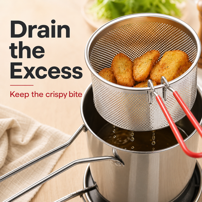 🔥Personal Mini Deep Fryer Set – Stainless Steel Pot with Lift-Out Draining Basket & Food Tongs