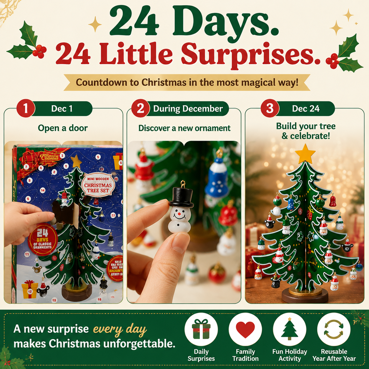 🎄 24-Day Christmas Countdown Calendar – Build Your Own Mini Christmas Tree With Daily Surprise Ornaments