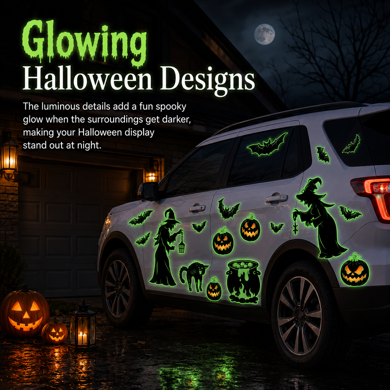 Halloween Magnets for Car & Fridge – 16-Pack Glow-in-the-Dark | Witches, Pumpkins, Bats