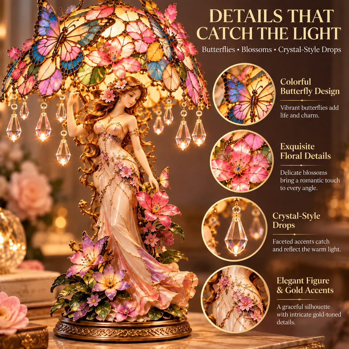 🦋 Butterfly Blossom Fairy Accent Lamp – Warm Floral Glow