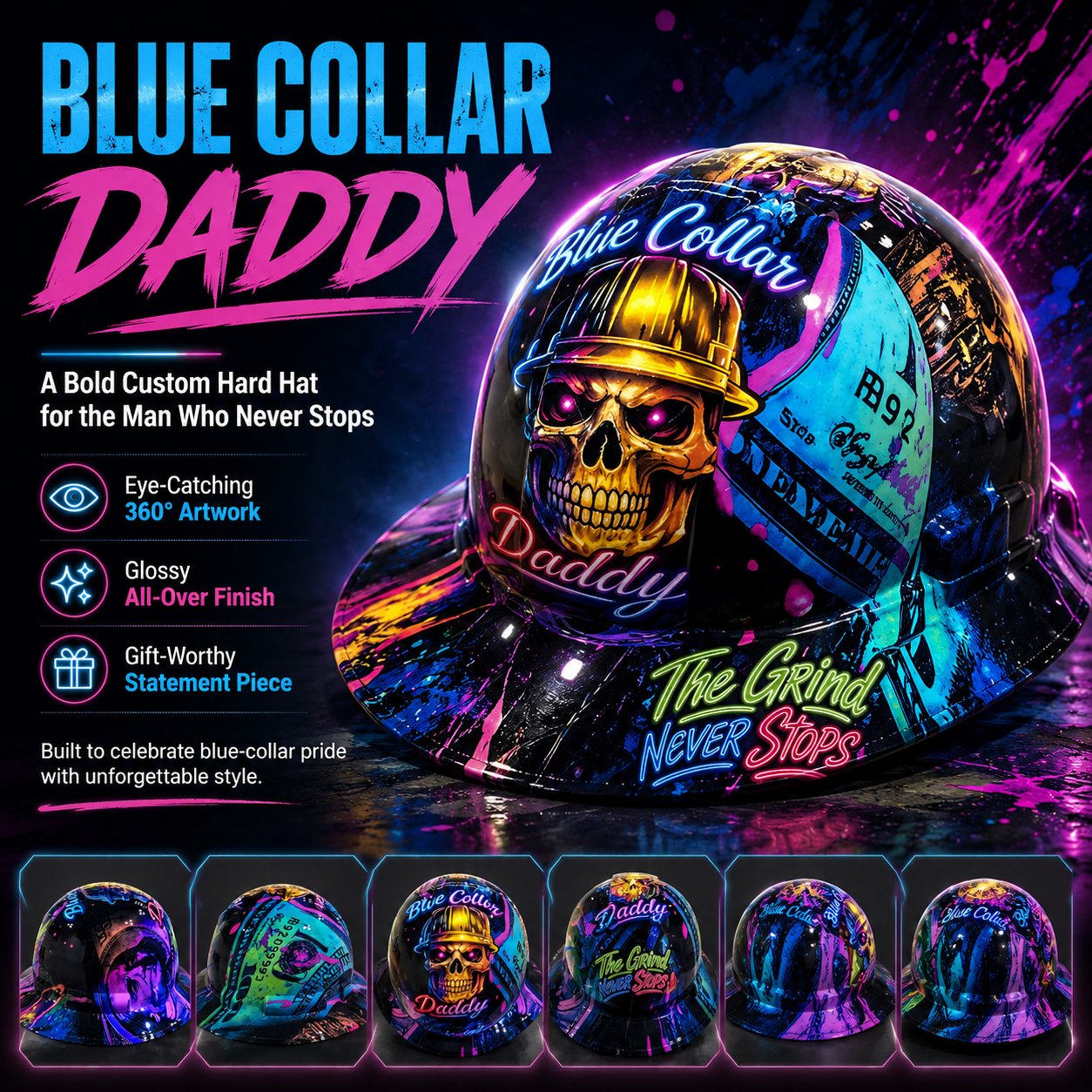 🔥 Blue Collar Daddy Hydro-Dipped Hard Hat – The Grind Never Stops
