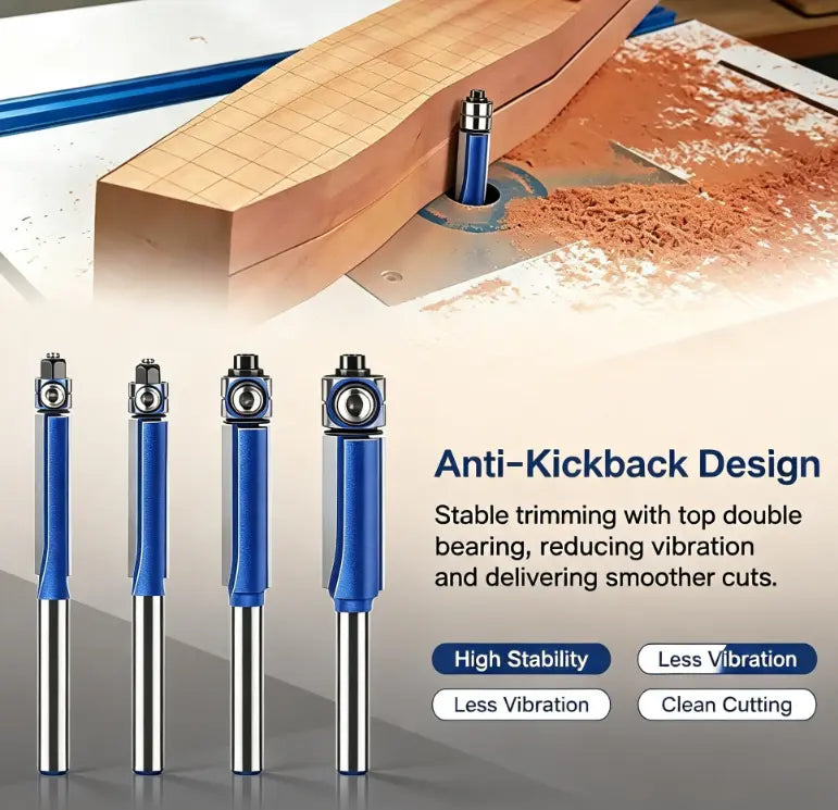 4-Piece Double Bearing Flush Trim Router Bit Set – Smooth & Precise Woodworking