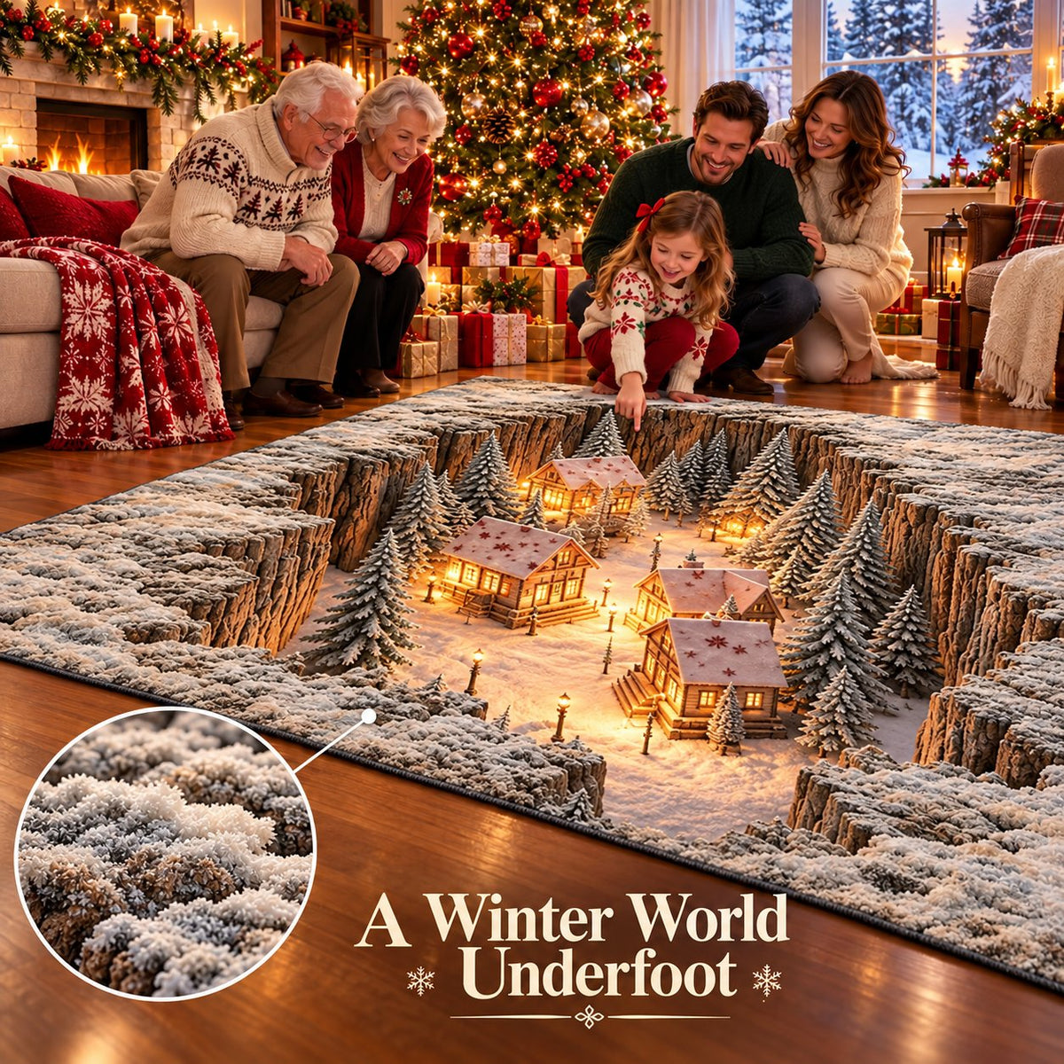 🎄 Optical Illusion Christmas Village Rug – Hidden Winter Scene Floor Decor ✨