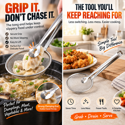 🔥 2pack-2-in-1 Stainless Steel Strainer Tongs – Grab, Drain & Serve with One Tool