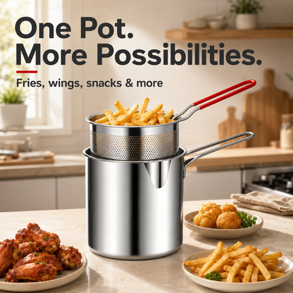 🔥Personal Mini Deep Fryer Set – Stainless Steel Pot with Lift-Out Draining Basket & Food Tongs