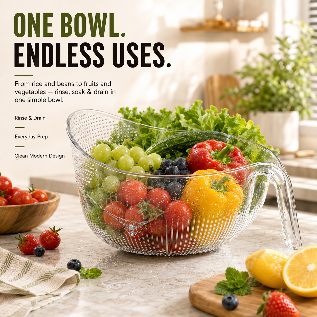 🥗 Multi-Purpose Kitchen Colander Bowl – Food Strainer Basket for Washing, Draining & Serving Fruits, Vegetables & Pasta