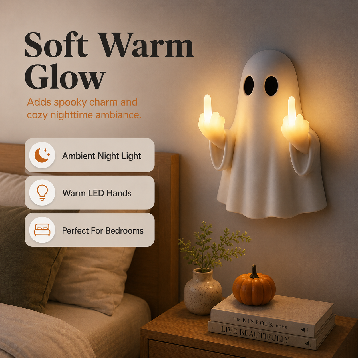 👻Middle Finger Ghost Light, Halloween Bedroom Funny LED Glow Wall Decor Lamp