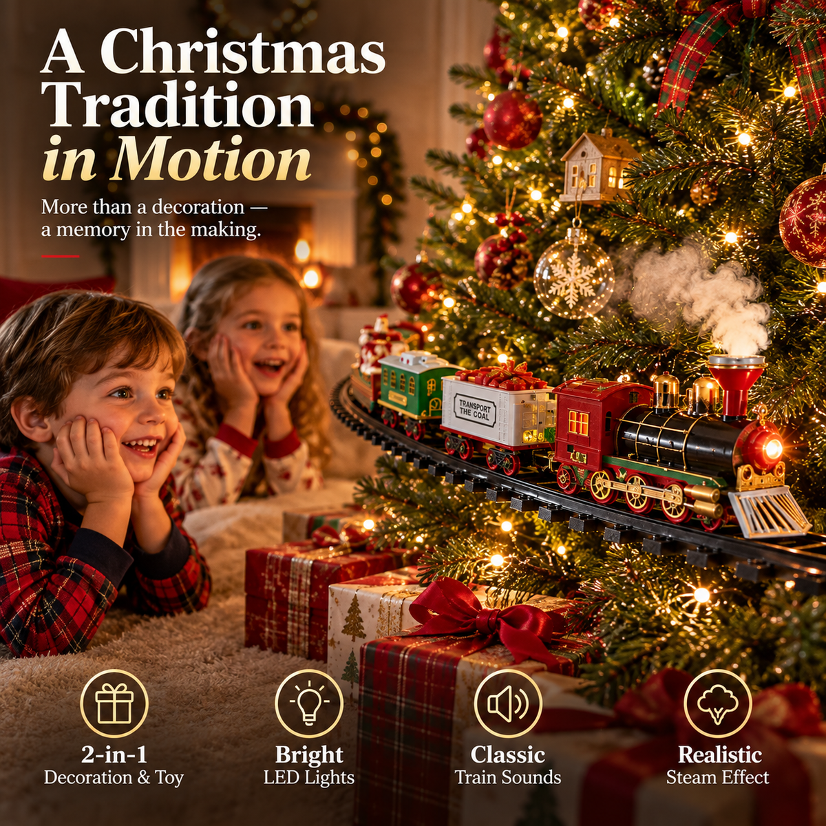 Children watching a festive Christmas train
