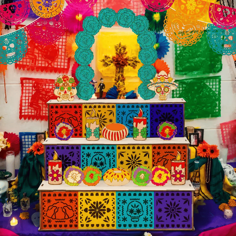 Three tier wooden Día de los Muertos remembrance altar