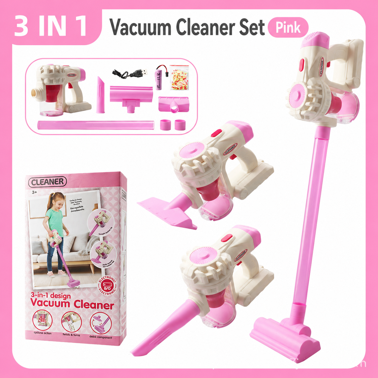 🧹 3-in-1 Kids’ Real-Pickup Vacuum – Rechargeable Pretend Cleaning Toy