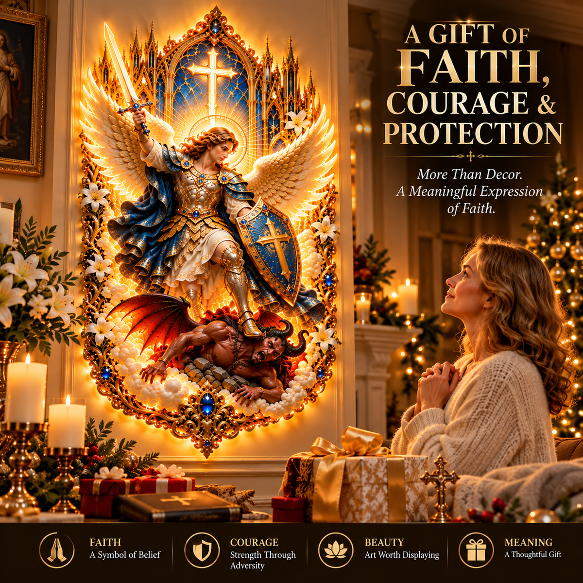 ⚔️ Saint Michael the Archangel Light-Up Wall Art – Illuminated Faith-Inspired Decoration