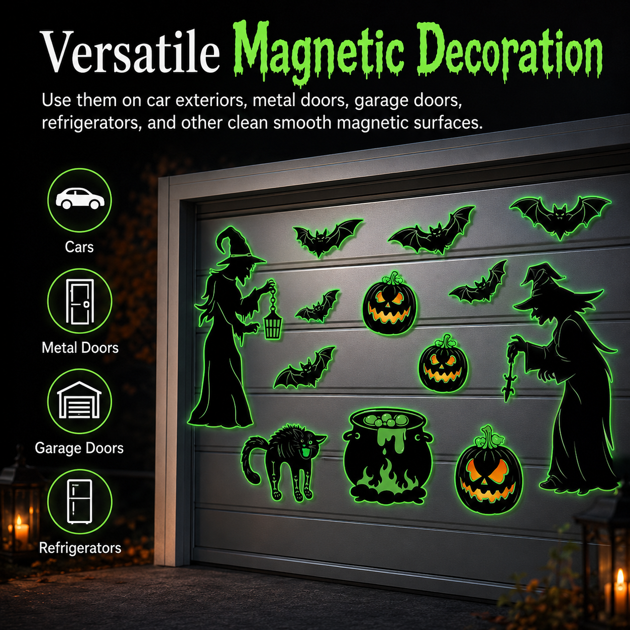 Halloween Magnets for Car & Fridge – 16-Pack Glow-in-the-Dark | Witches, Pumpkins, Bats