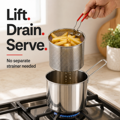 🔥Personal Mini Deep Fryer Set – Stainless Steel Pot with Lift-Out Draining Basket & Food Tongs