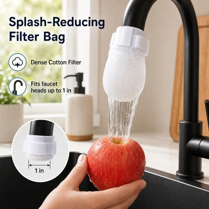 [Fits Faucets < 1"]cotton filter bags disposable Cotton Faucet Filter Bags with 5 fastening straps, Splash-Reducing Tap Water Sediment Filter Sock with Elastic Cuff for Kitchen & Bathroom Faucets