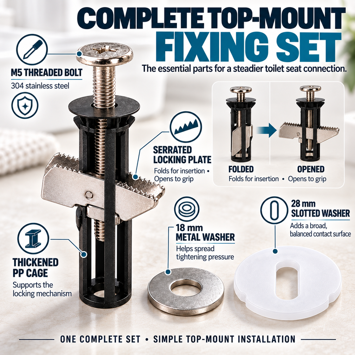 🔒 Universal Locking Toilet Seat Fixing Bolt – 304 Stainless Steel Quick-Lock Kit with 2 Washers