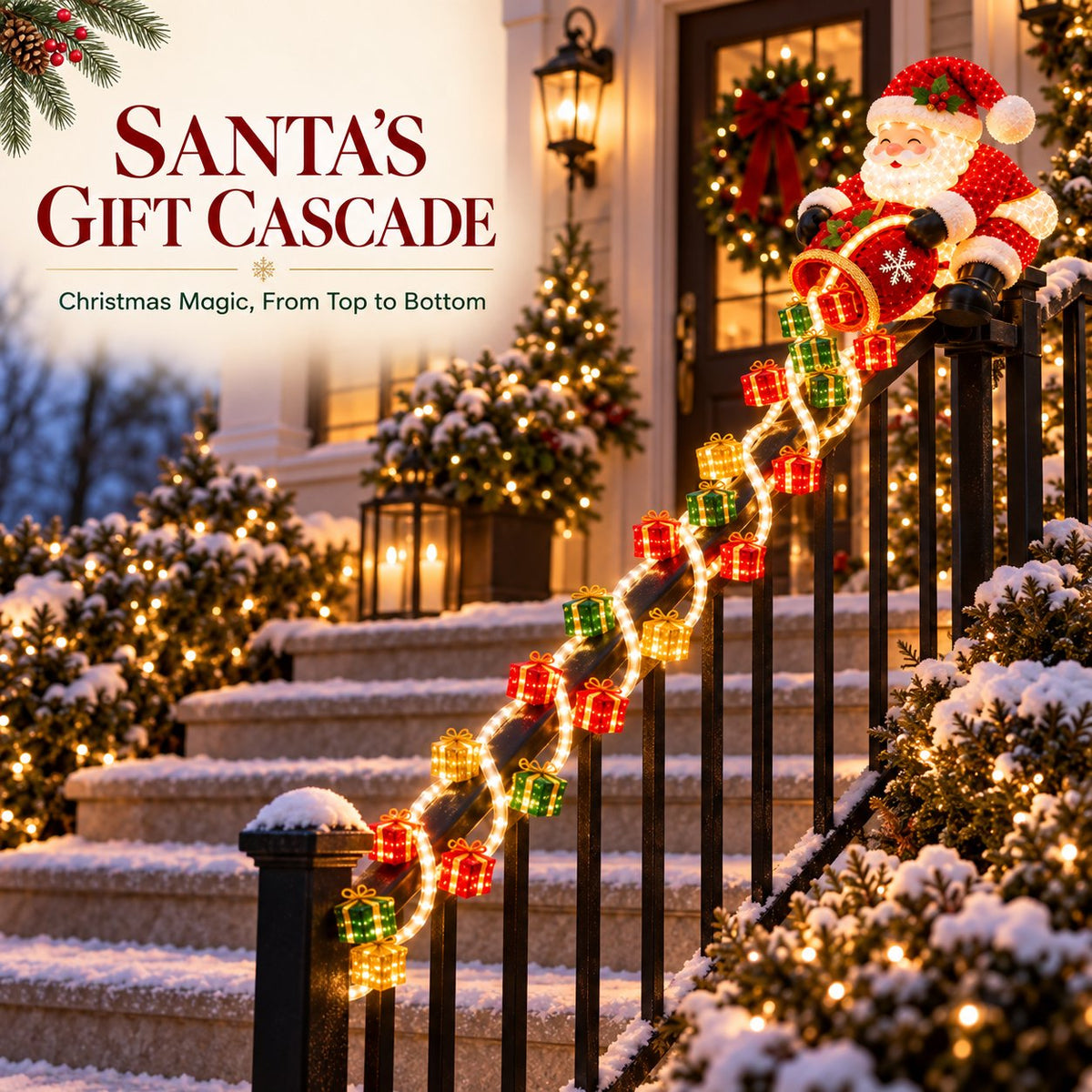 Santa Gift Cascade Christmas railing light on snowy front porch steps
