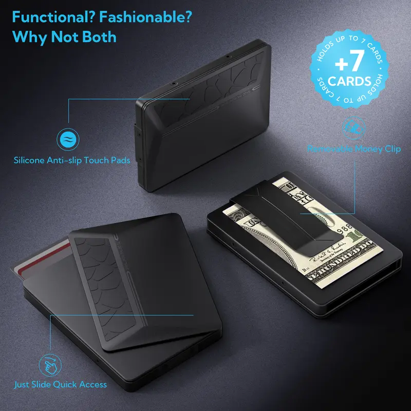 HERO Minimalist Wallet for Men,RFID Blocking Mens Wallets Slim Card Holder with Money Clip Metal Swipe Pop-Up Credit Card Case Smart Travel Wallet