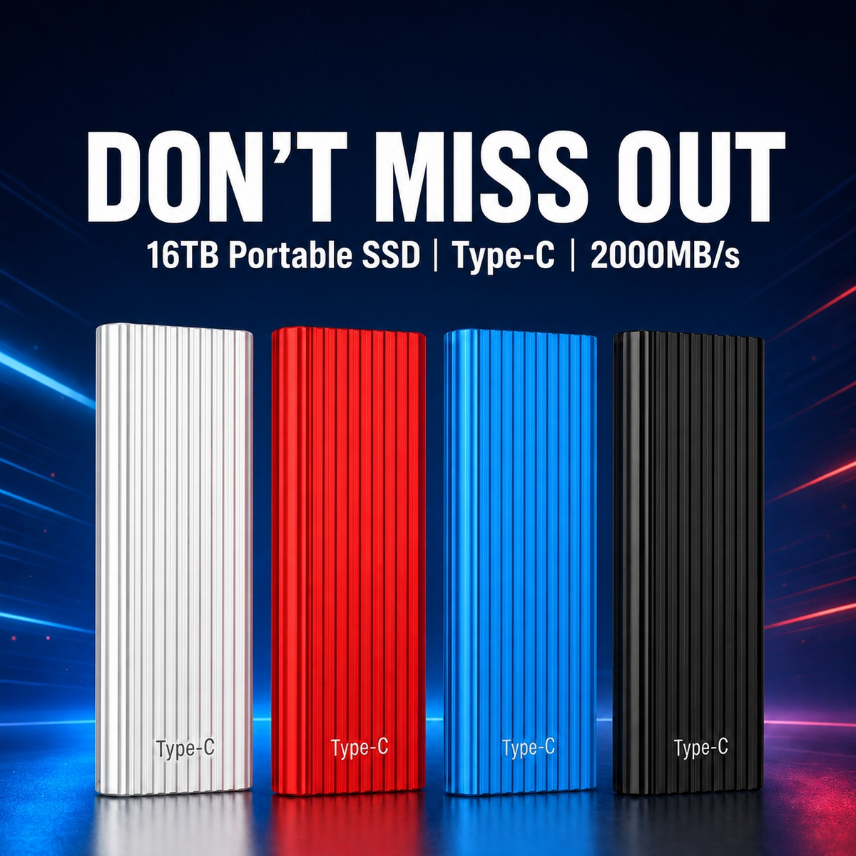Portable Type-C storage drive available in silver red blue and black
