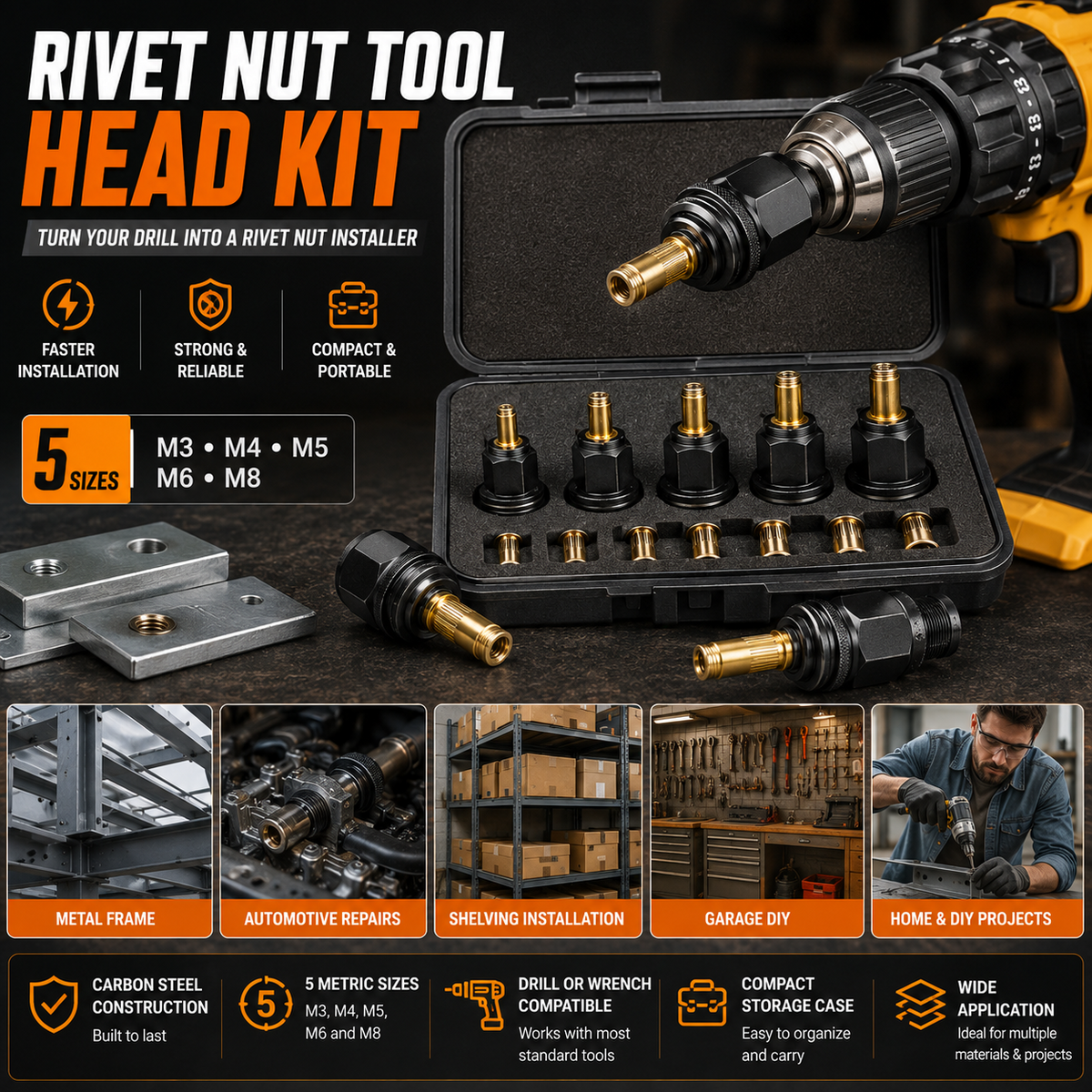 Complete drill powered rivet nut tool head kit