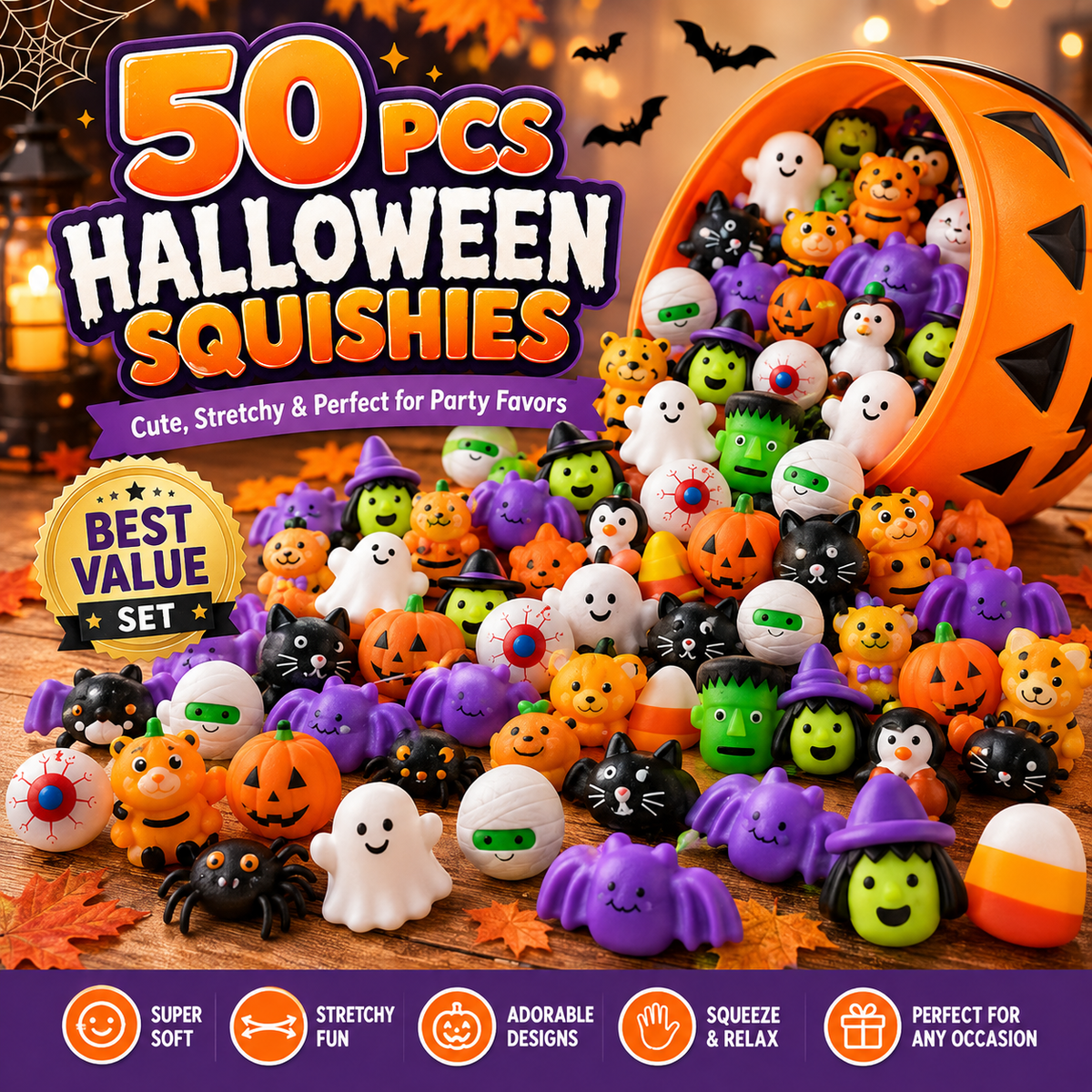 🎃 50PCS Halloween Mini Squishy Toys – Cute Party Favors & Goodie Bag Fillers