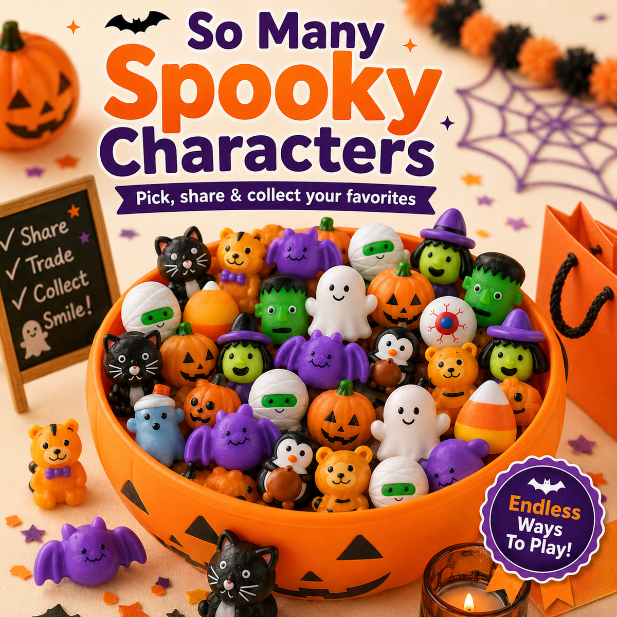 🎃 50PCS Halloween Mini Squishy Toys – Cute Party Favors & Goodie Bag Fillers