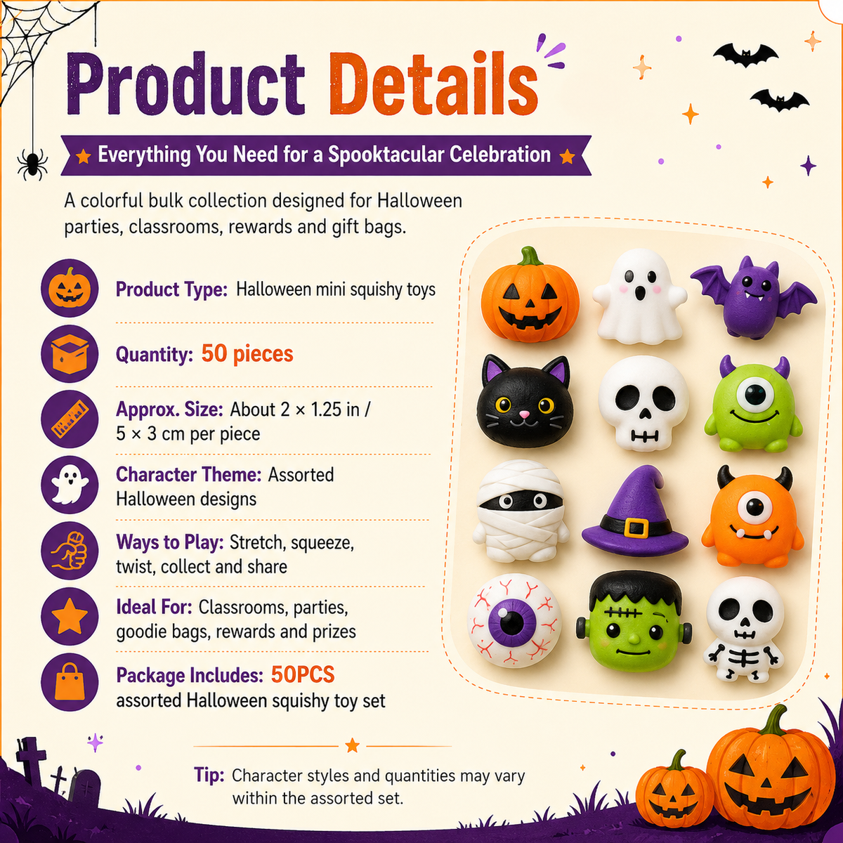 🎃 50PCS Halloween Mini Squishy Toys – Cute Party Favors & Goodie Bag Fillers