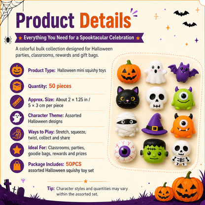 🎃 50PCS Halloween Mini Squishy Toys – Cute Party Favors & Goodie Bag Fillers