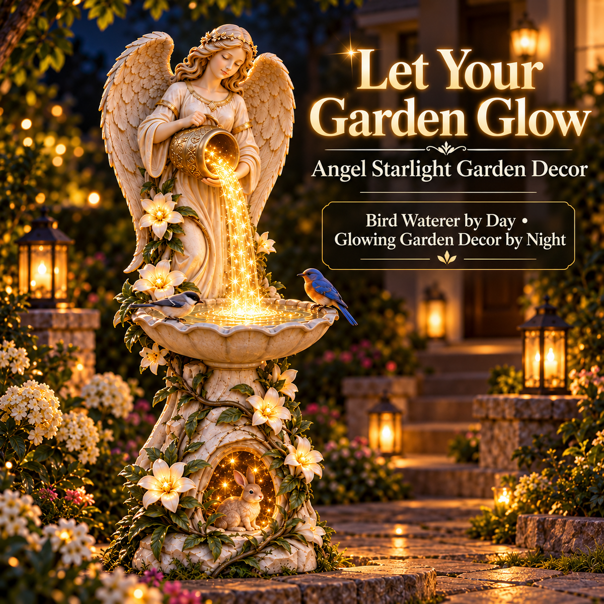 🪽 Solar Angel Bird Bath with Cascading Lights – Outdoor Garden Decoration