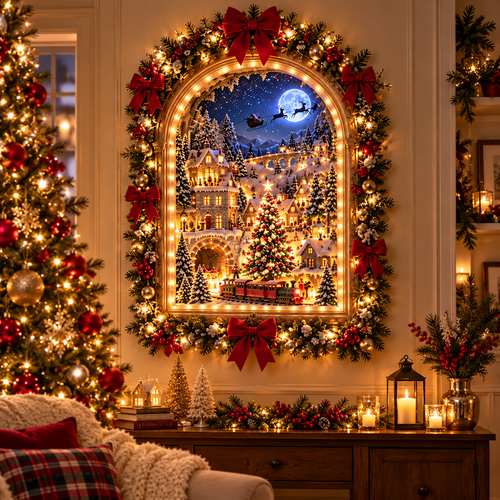 ✨ The Christmas Portal – Illuminated Village Holiday Wall Display