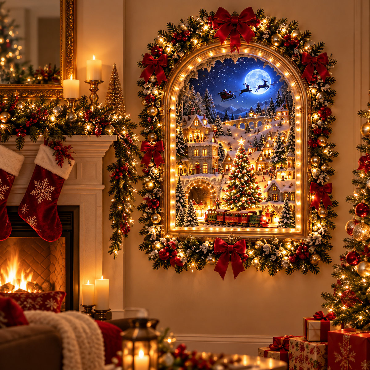 ✨ The Christmas Portal – Illuminated Village Holiday Wall Display