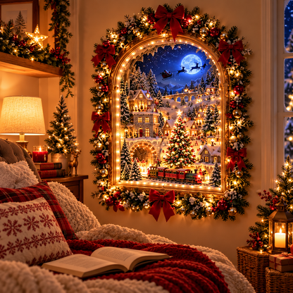 ✨ The Christmas Portal – Illuminated Village Holiday Wall Display