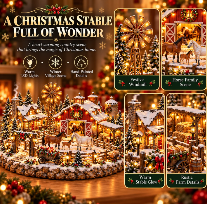 🐴🎄 Christmas Horse Stable Village – Lighted Equestrian Holiday Scene