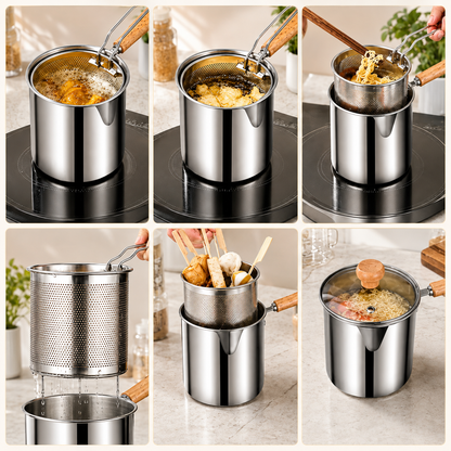 🔥Personal Mini Deep Fryer Set – Stainless Steel Pot with Lift-Out Draining Basket & Food Tongs