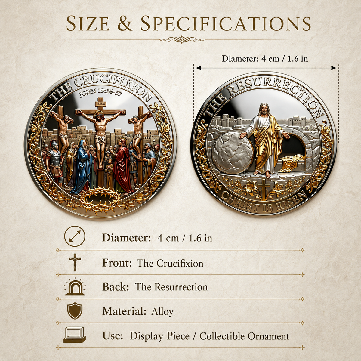 Cross & Resurrection Memorial Coin – Alloy Relief Keepsake for Faith and Remembrance