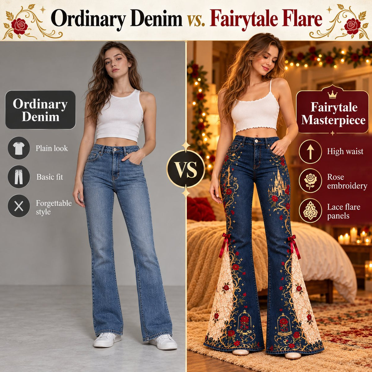 ✨ Fairy Tale Flare: Vintage Embroidered Denim Jeans