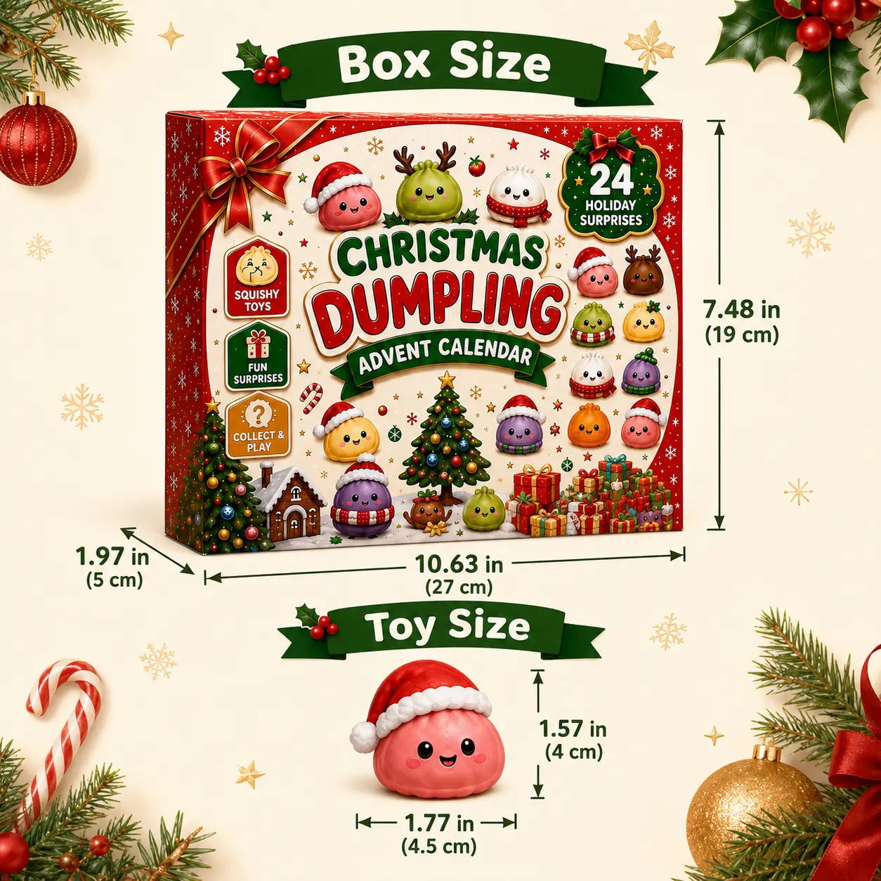 Original advent calendar box product photograph illustrating the holiday package and mini squishy sizes