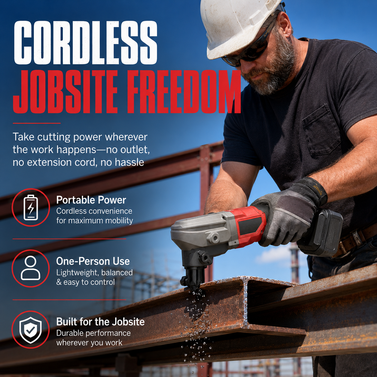 Cordless metal cutter used on steel at construction jobsite