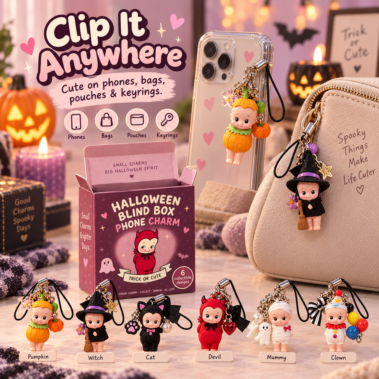 🎃 Halloween Mystery Blind Box Phone Charm – 1 of 6 Spooky-Cute Collectible Designs