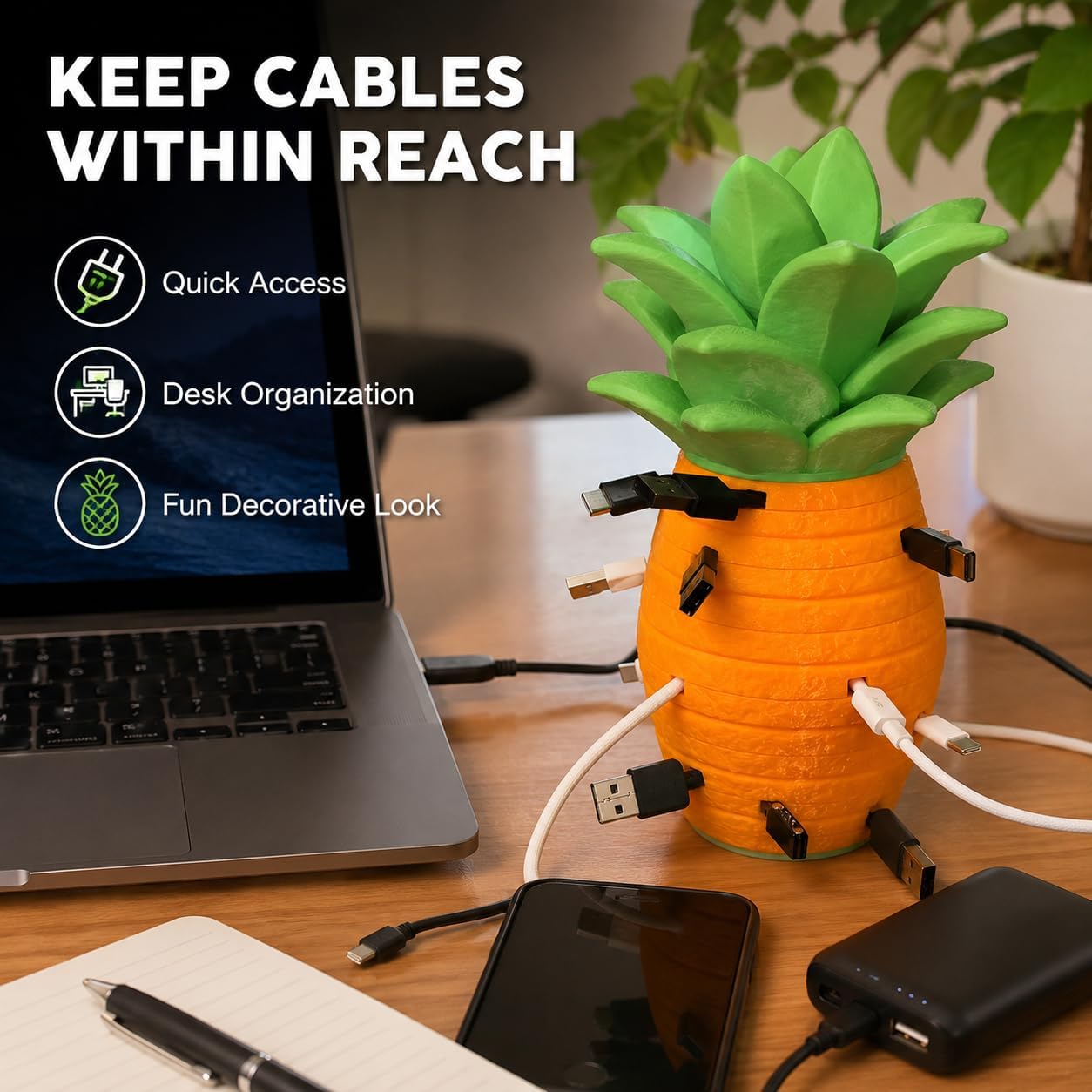 🍍 Pineapple Cable Organizer – Stackable Cord Winder for Desk