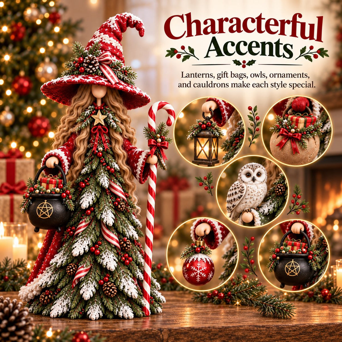 Christmas decorative figure in the shape of a Christmas tree – Santa Claus, snowman & Christmas witch with festive details