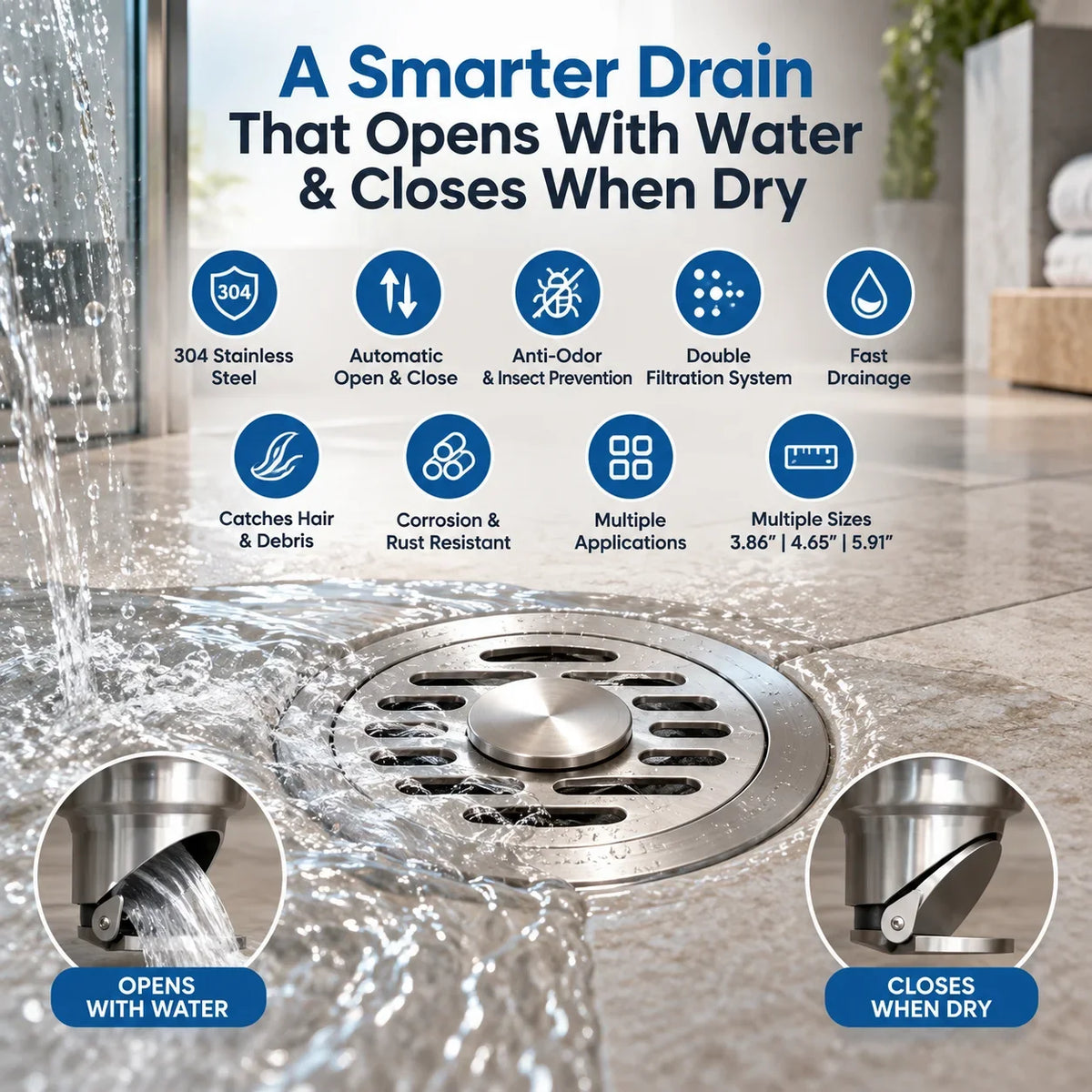 🎁304 Stainless Steel Automatic Anti-Odor Floor Drain