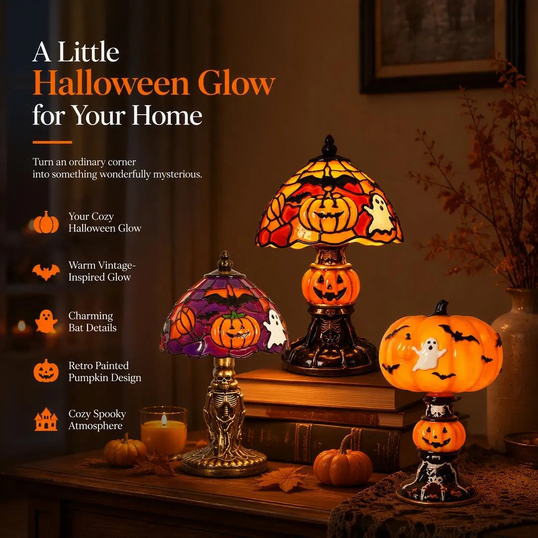 Vintage Pumpkin Bat Halloween Table Lamp