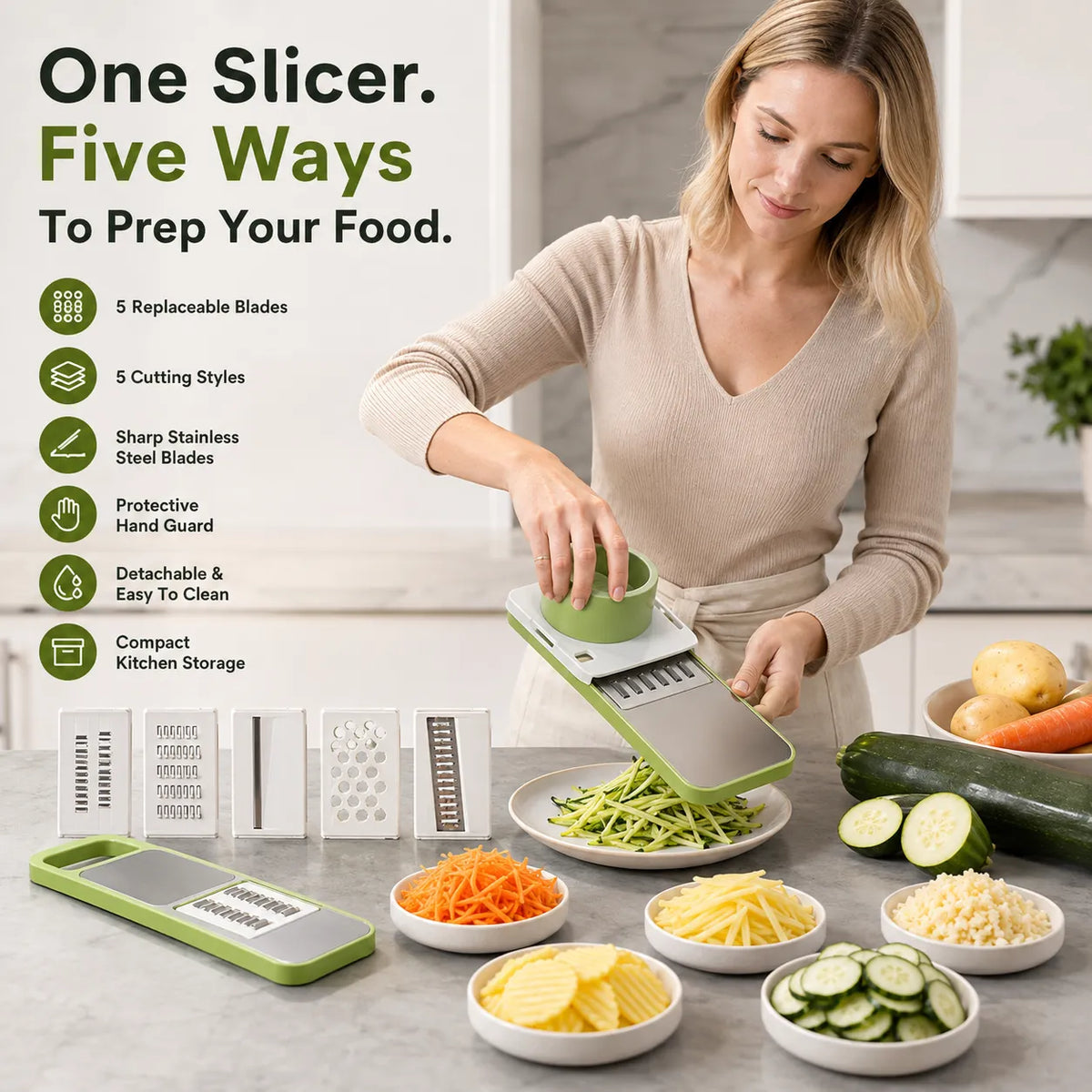 5-in-1 Vegetable Slicer &amp; Shredder — Adjustable Stainless Steel Blades