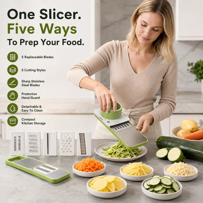 5-in-1 Vegetable Slicer &amp; Shredder — Adjustable Stainless Steel Blades