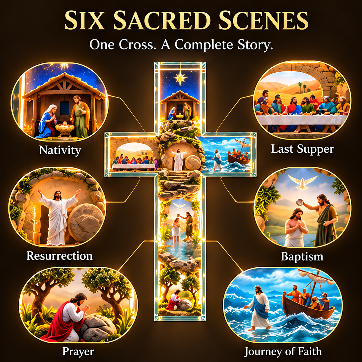 🙏✝️ The Story of Jesus LED Cross Lamp ✨ 6 Biblical Scenes & Meaningful Christian Gift